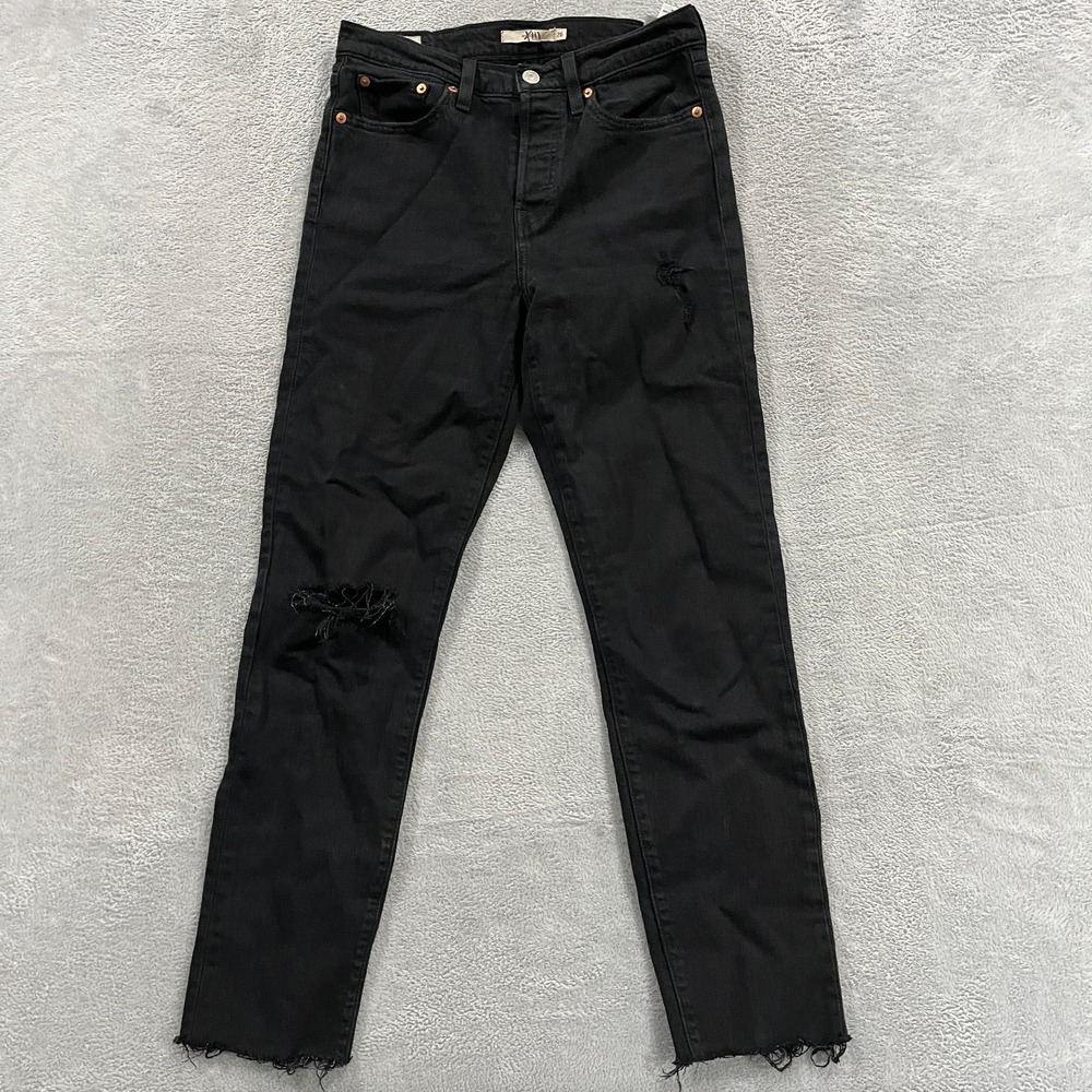 Levis Wedgie Straight Jeans Womens 26 Black Denim Premium Button Fly Raw Hem